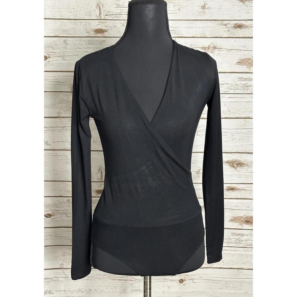 J.Crew black office siren long sleeve surplice faux wrap front bodysuit Size XXS